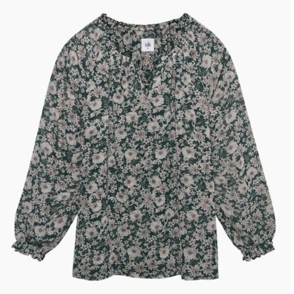 Cabi Green Floral Long Sleeve Blouse Size Medium Peasant Style 3765